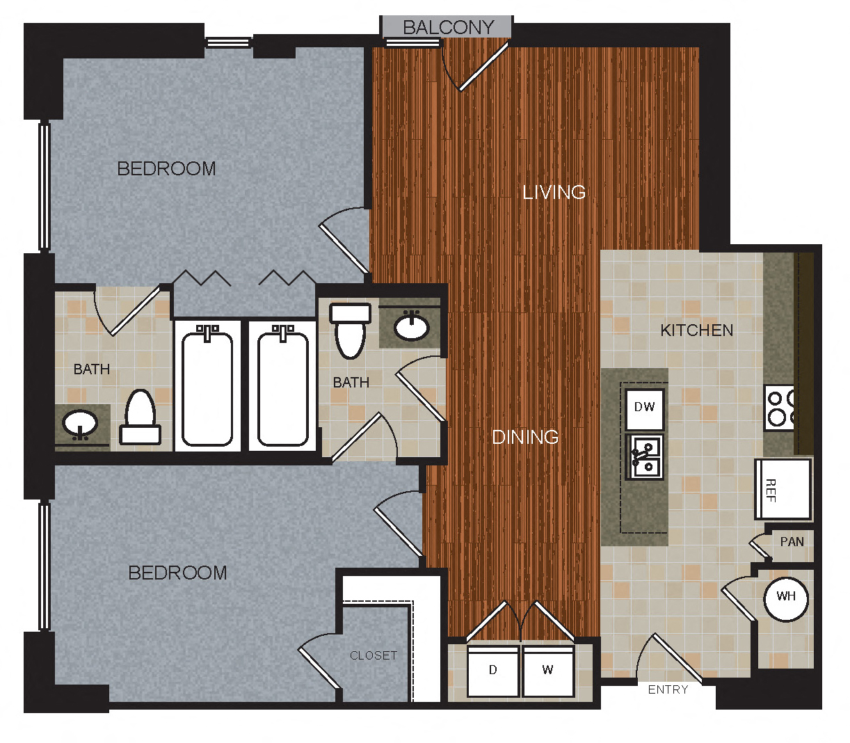 Floor plan for 2 beds, 2 baths, 1118 sqft